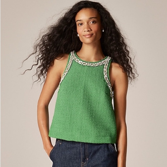 J. Crew Tops - J. Crew Green Fields Rhinestone Embellished Sleeveless Tweed Tank Top Size 2 NWT